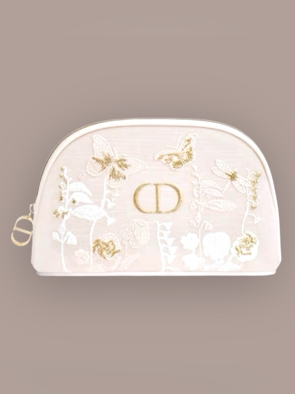Nude-Pink Dior Beauty (Mesh-Embroidered) Half-Moon Cosmetic-Makeup Bag/Pouch